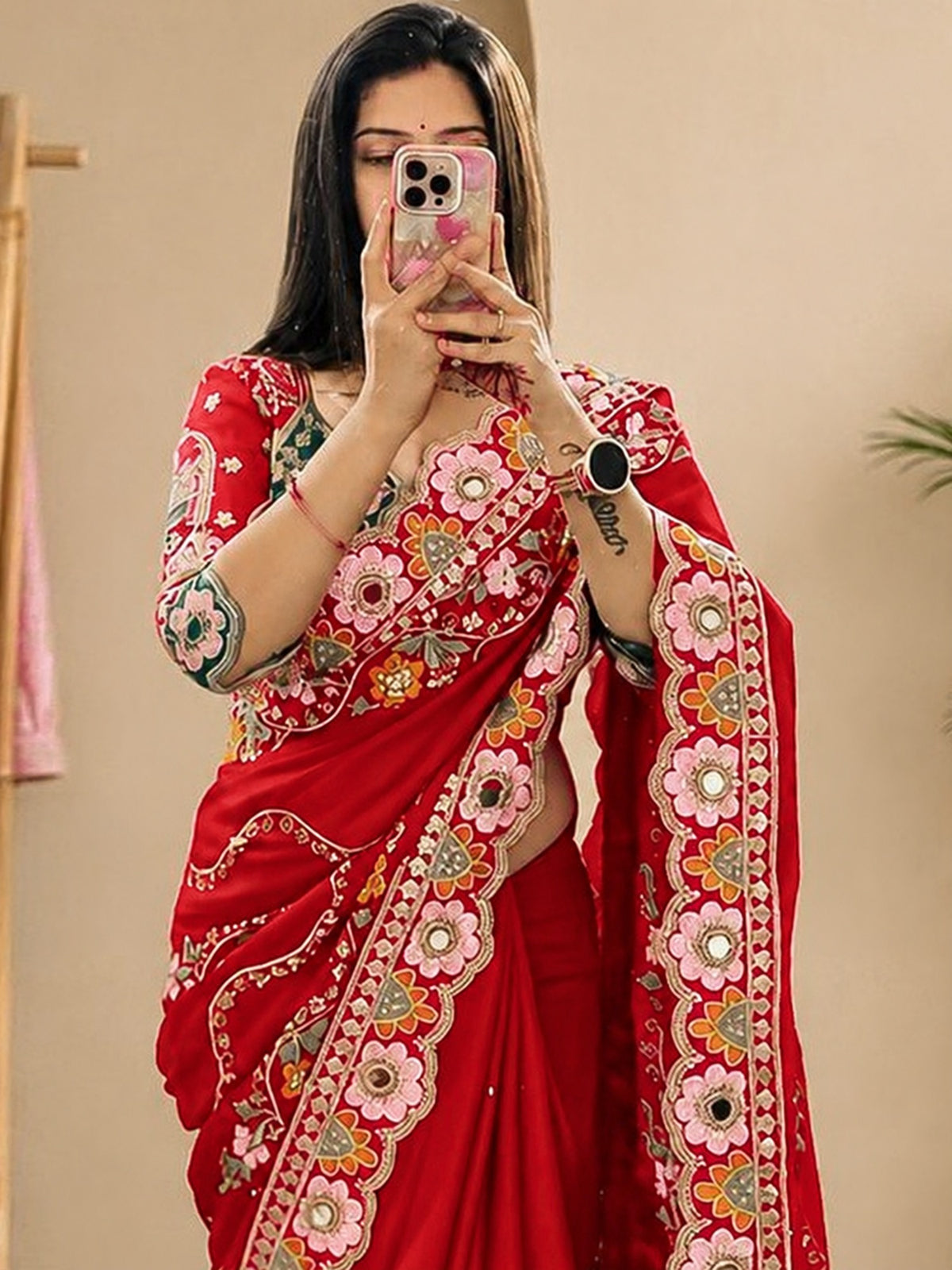 Red Pure Georgette saree – detail view 3