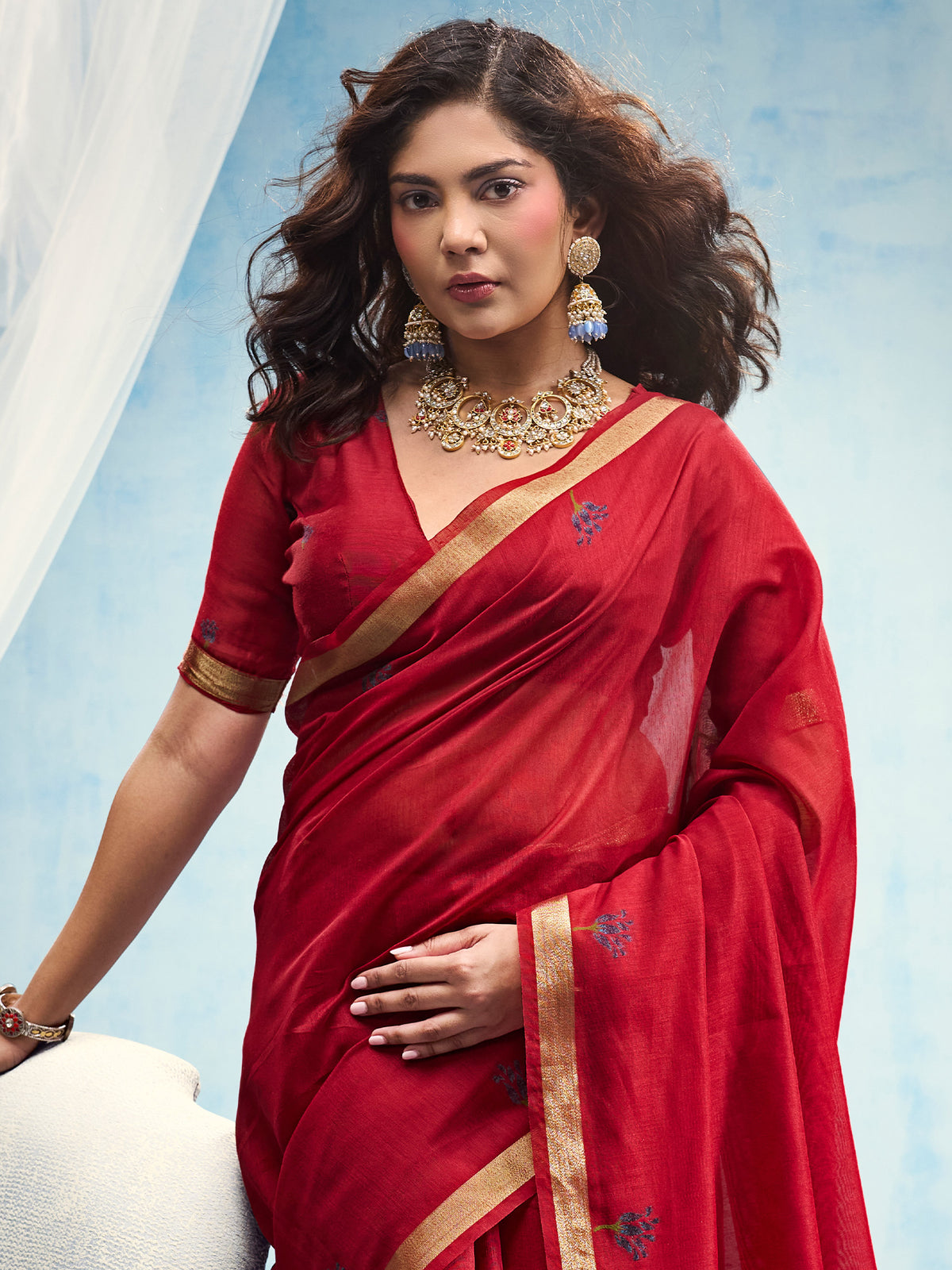 Red Muga Cotton saree – detail view 4