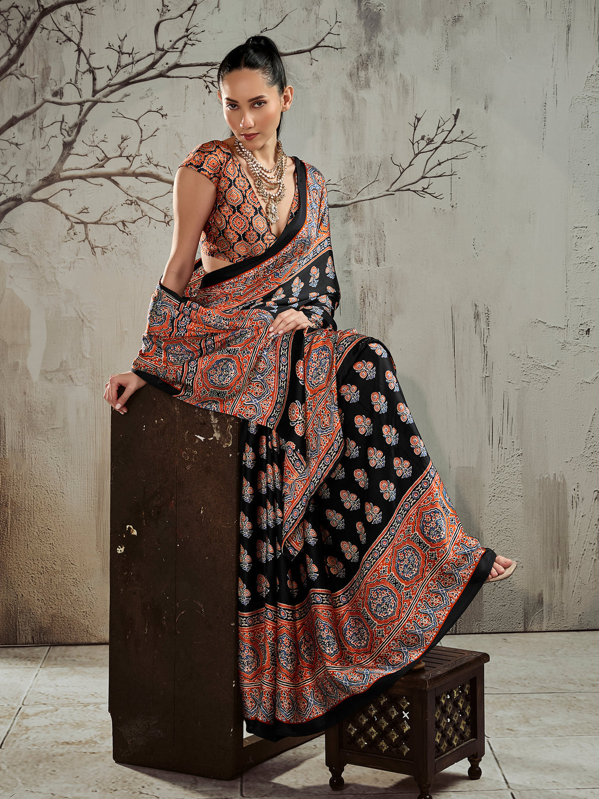 Black satin saree view 2