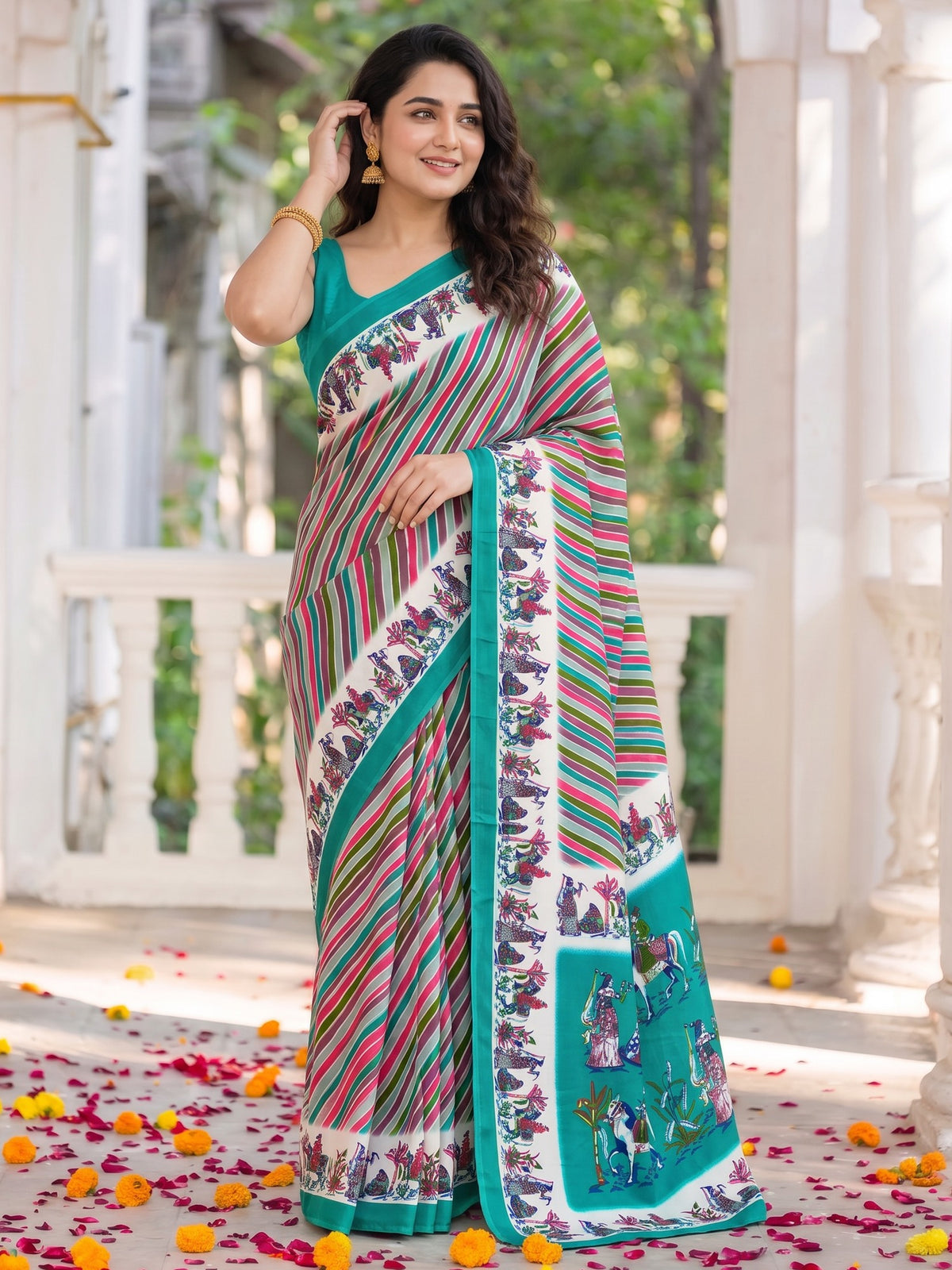 Teal Green crepe saree view 4