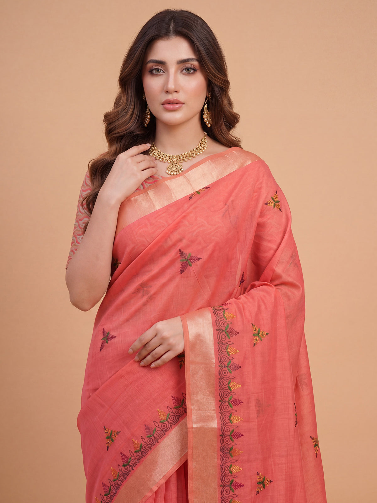 Peach Cotton Linen saree – detail view 4