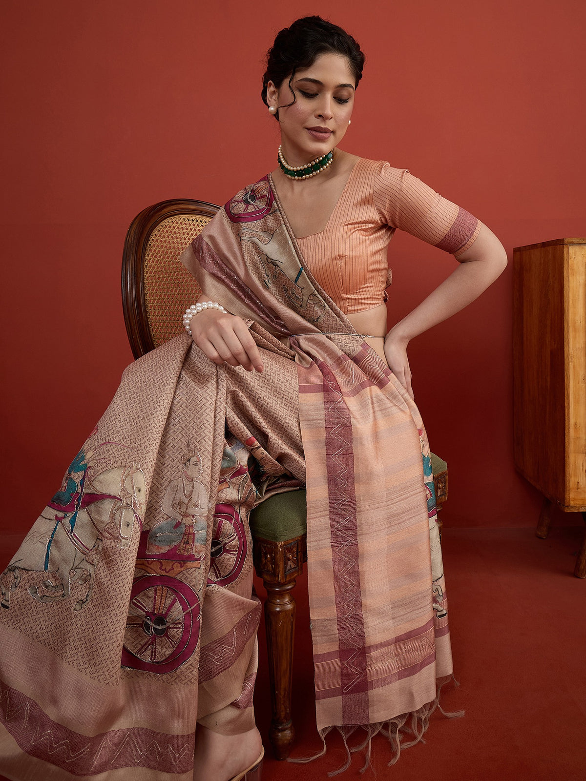 Peach art silk saree view 6