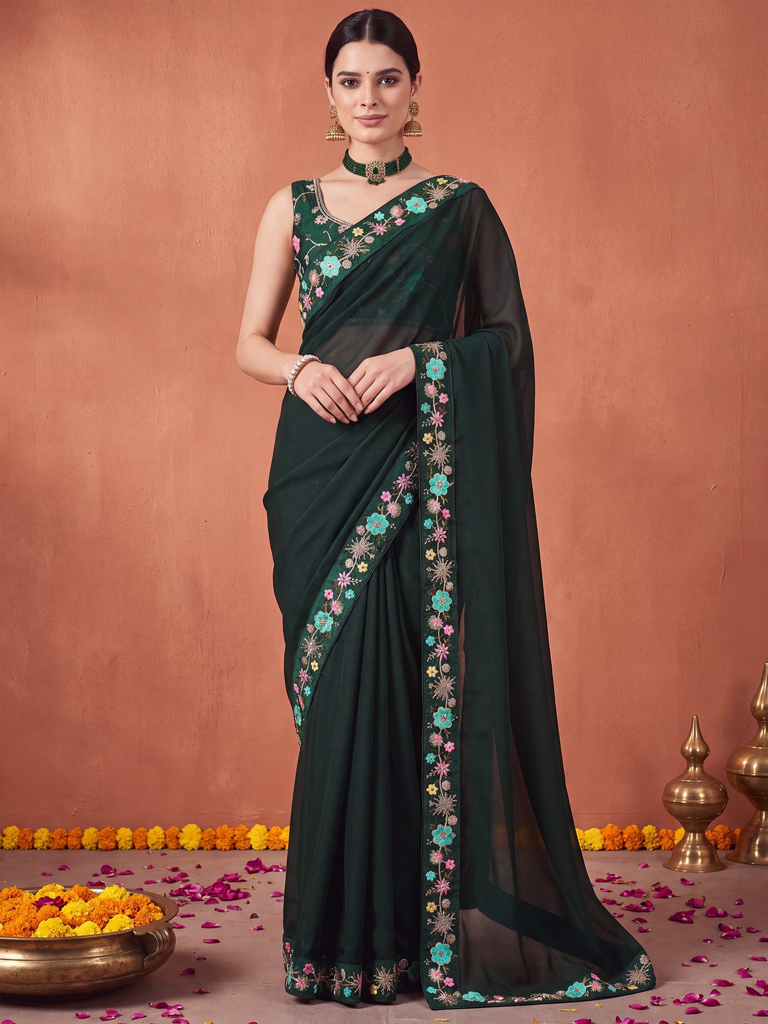 Green Poly Georgette saree – detail view 3