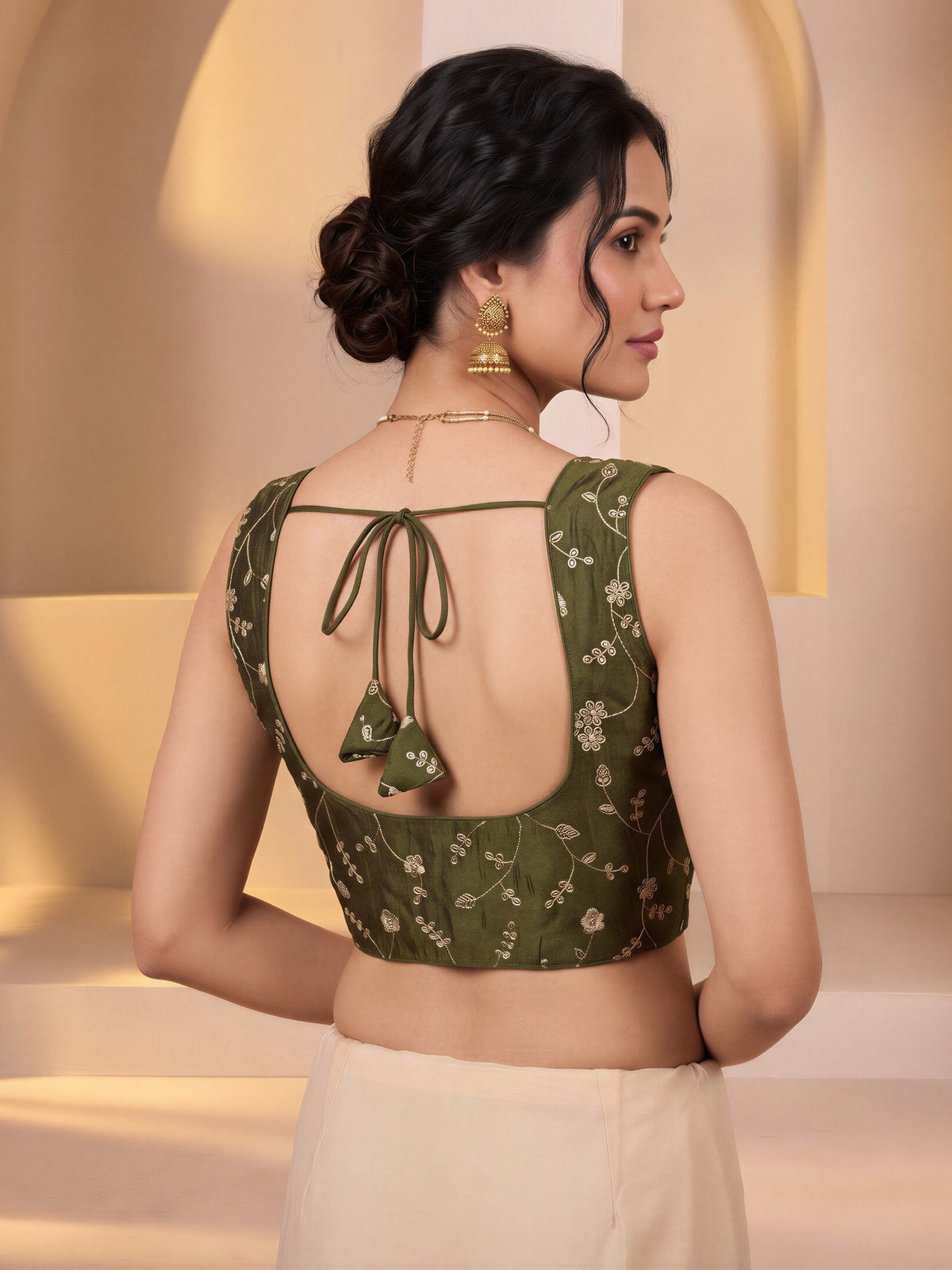 Olive sequin embroidered vichitra silk sleeveless readymade saree blouse with round neck view 1