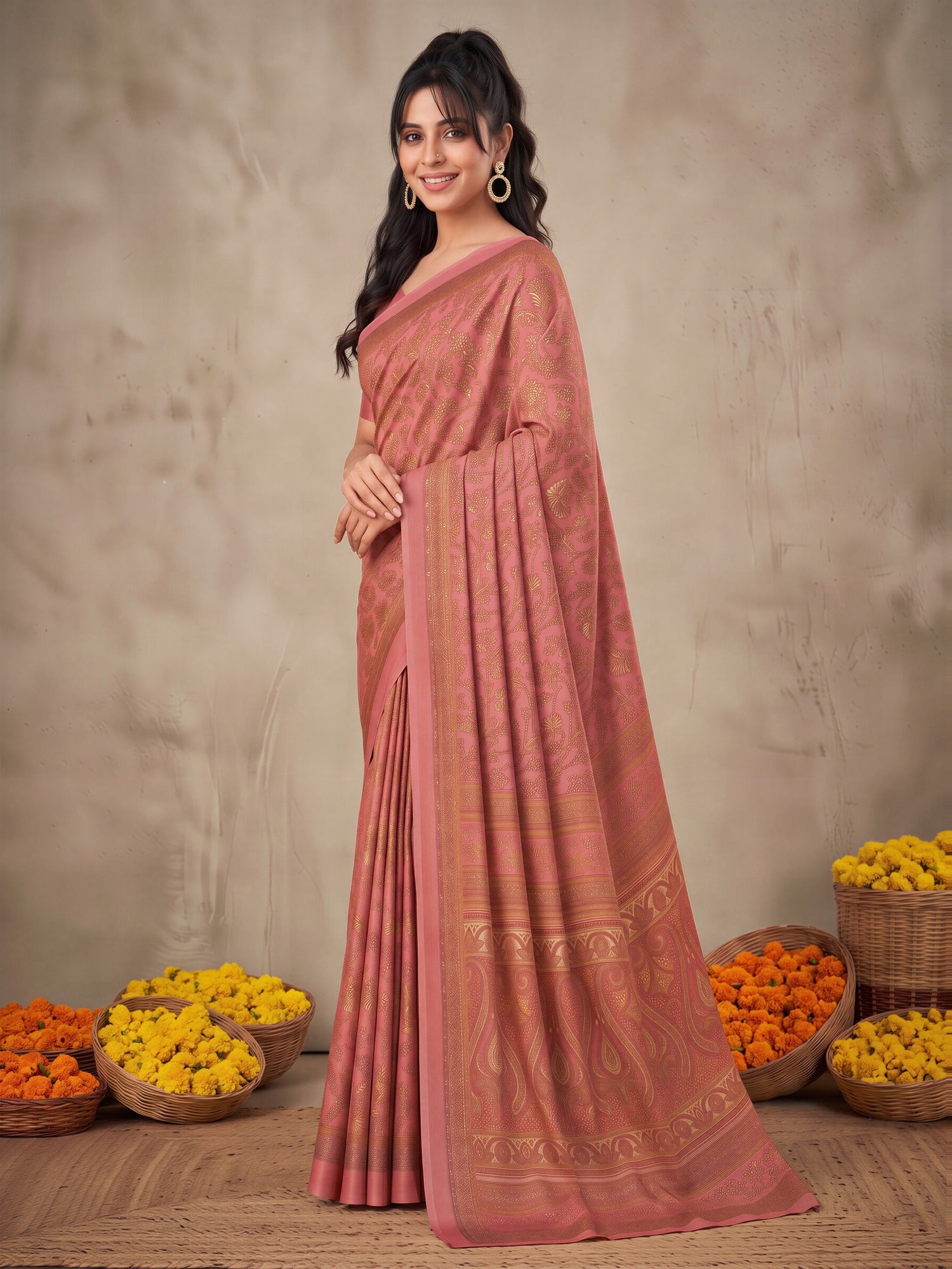Peach Crepe saree – detail view 2