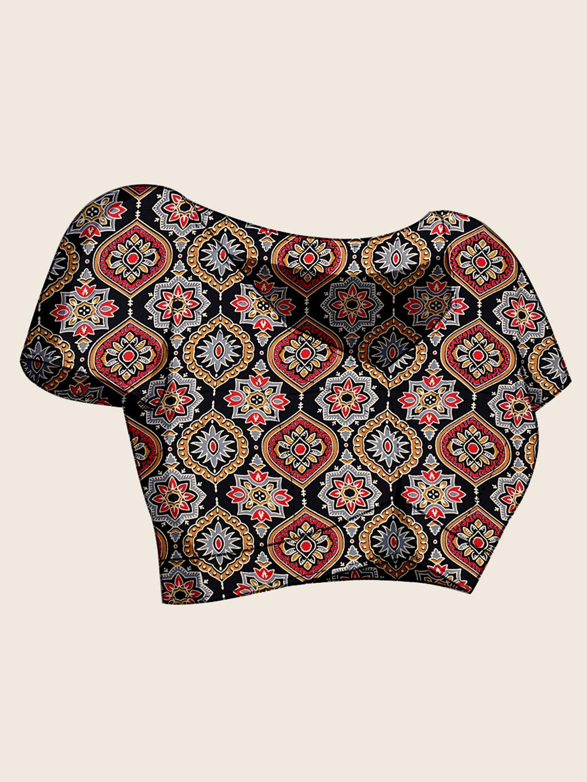 Unstitched black satin blouse piece with ajrak design