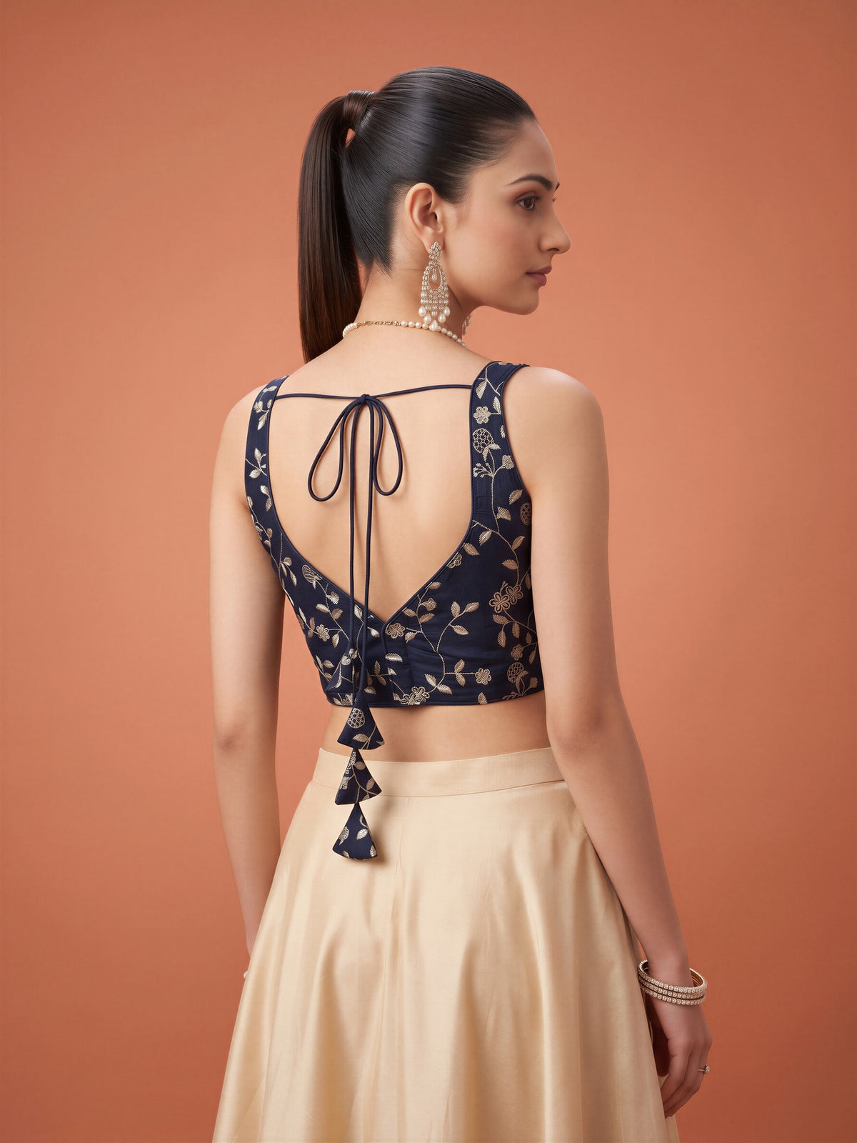 Navy Blue sequin embellished silk blend sleeveless readymade saree blouse with v neck view 1