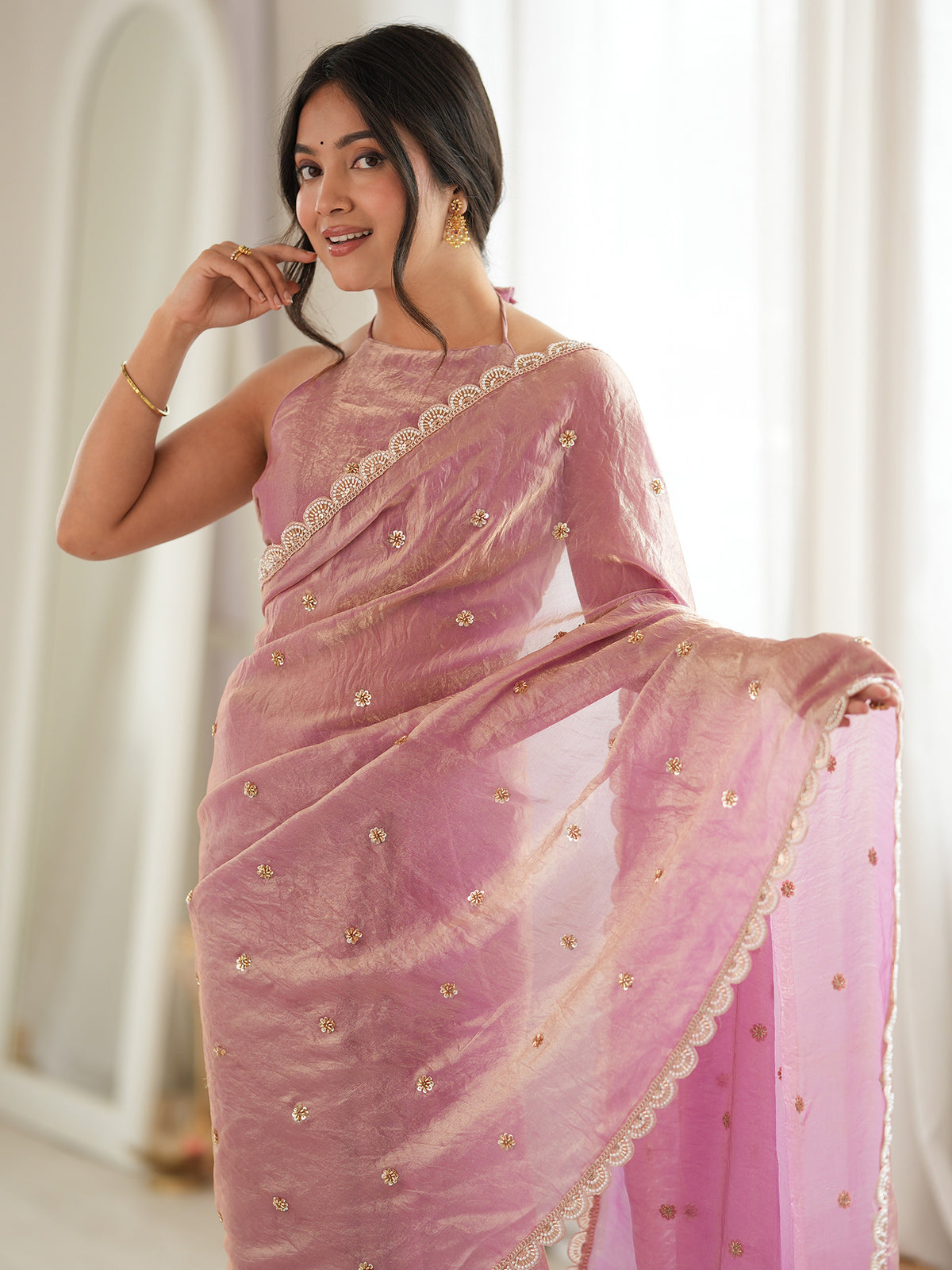 Pink Satin saree – detail view 4