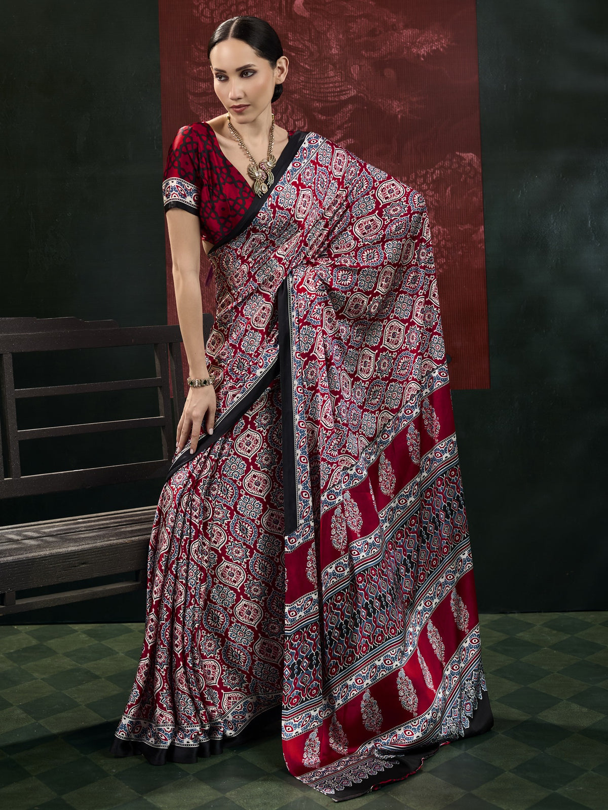 Maroon ajrak satin saree with maroon blouse piece