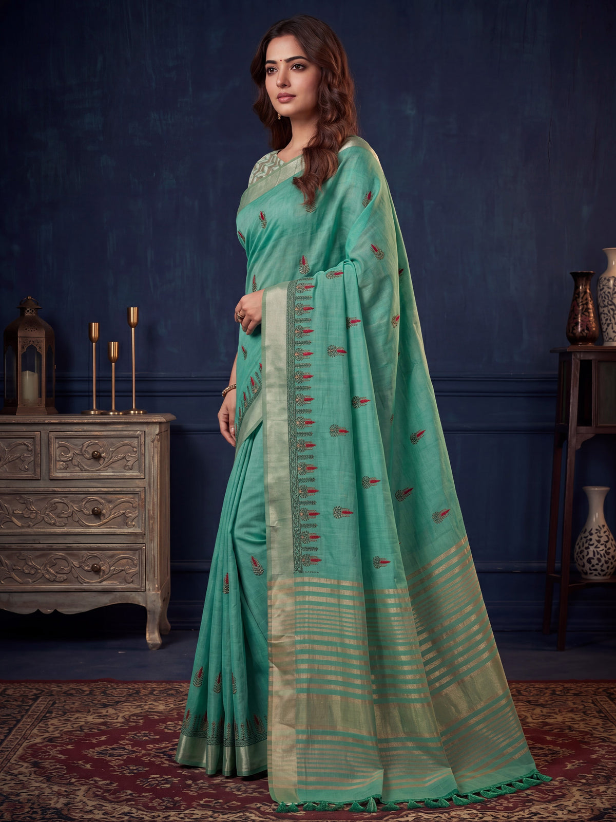 Sea Green Cotton Linen saree – detail view 2