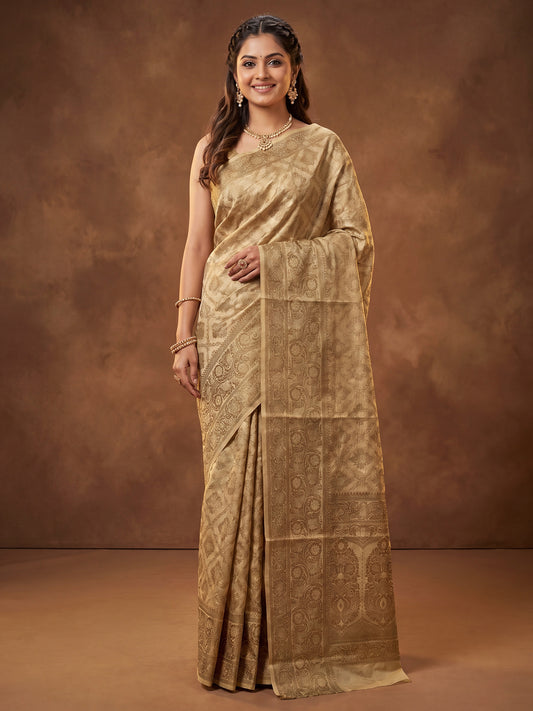 Woman wearing cream silk blend saree with traditional indian motif work and cream blouse