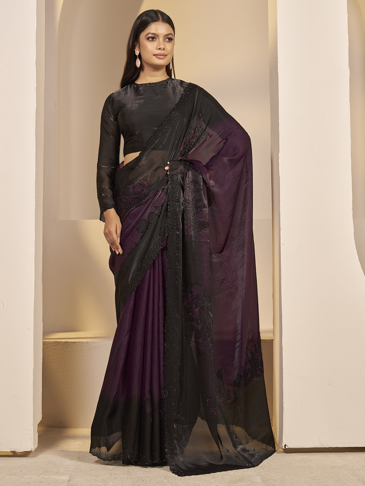 Wine satin silk saree view 3