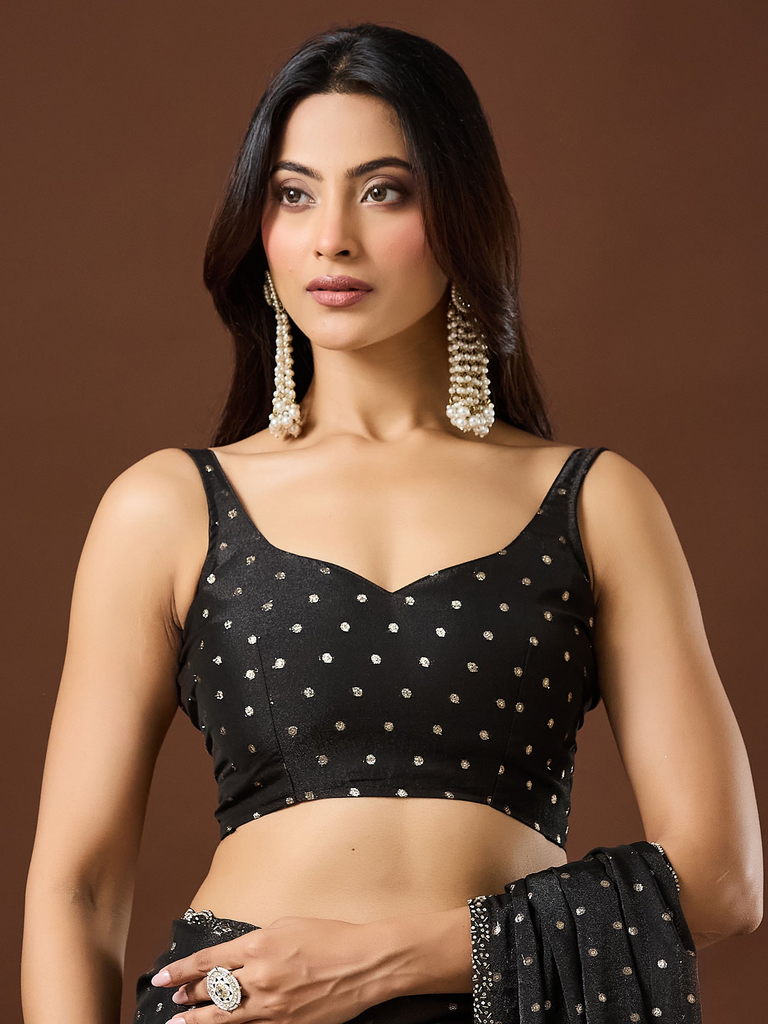 Unstitched black silk blend blouse piece with zari butta design