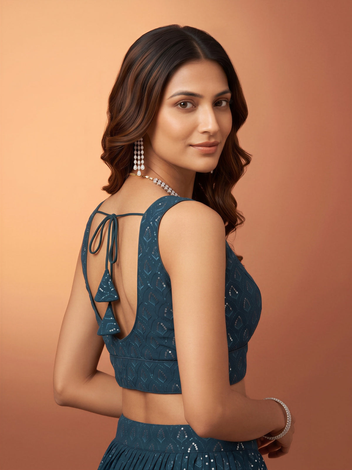 Teal Blue sequin embroidered georgette sleeveless readymade saree blouse with sweetheart neck view 1