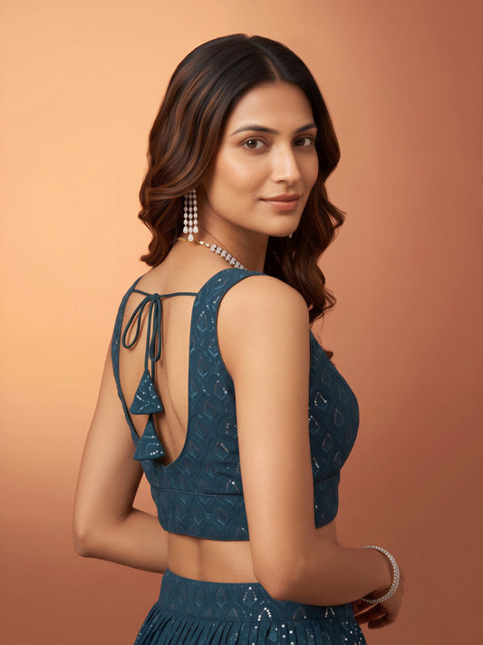 Teal Blue sequin embroidered georgette sleeveless readymade saree blouse with sweetheart neck view 1