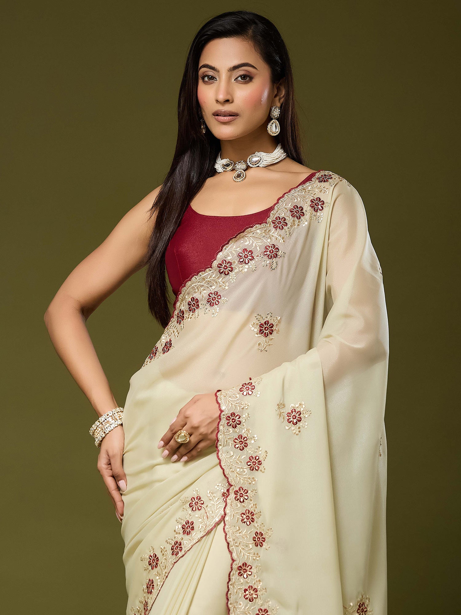 Cream Georgette saree – detail view 4