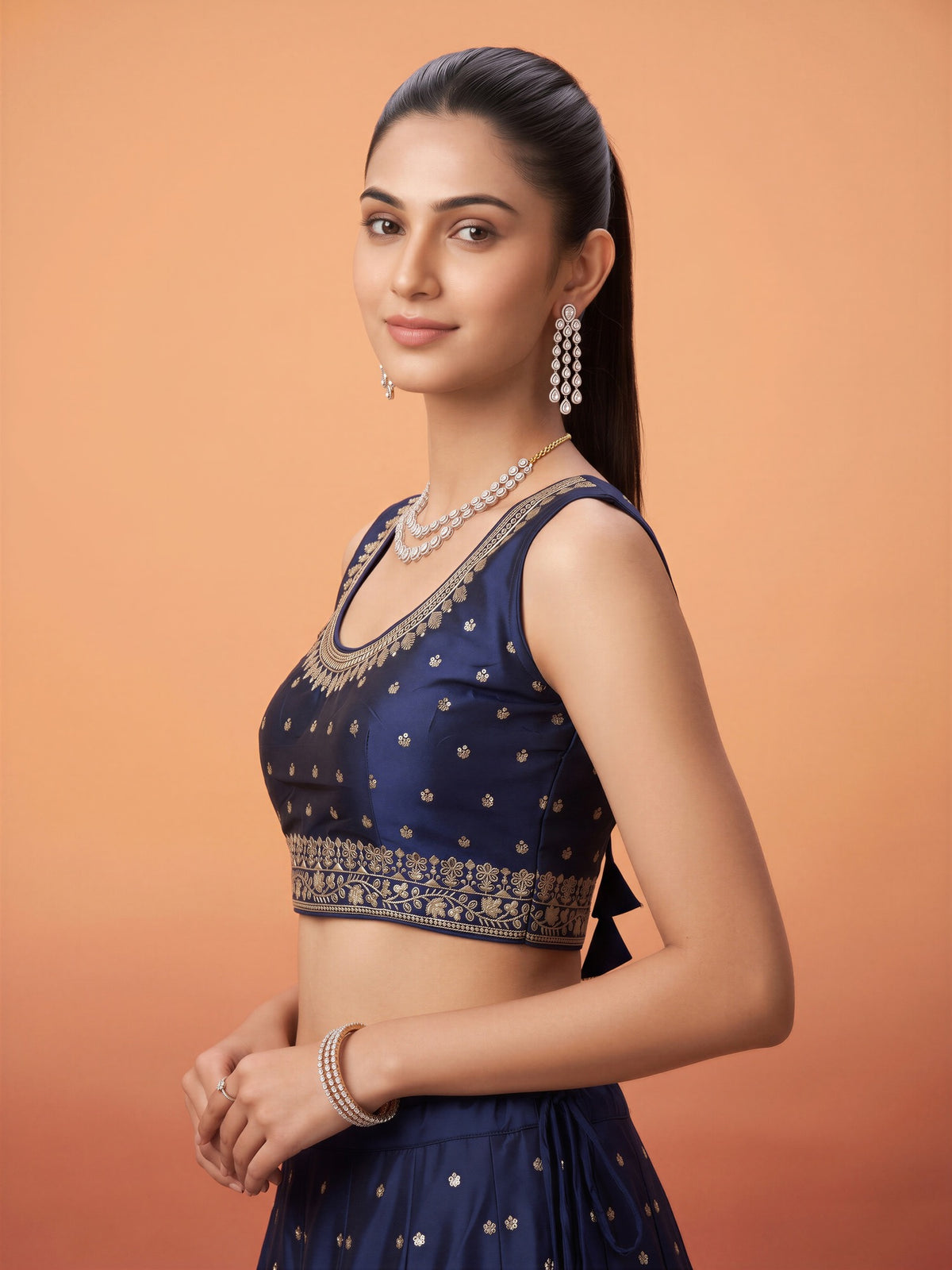 Blue sequin embellished silk blend sleeveless readymade saree blouse with round neck view 2