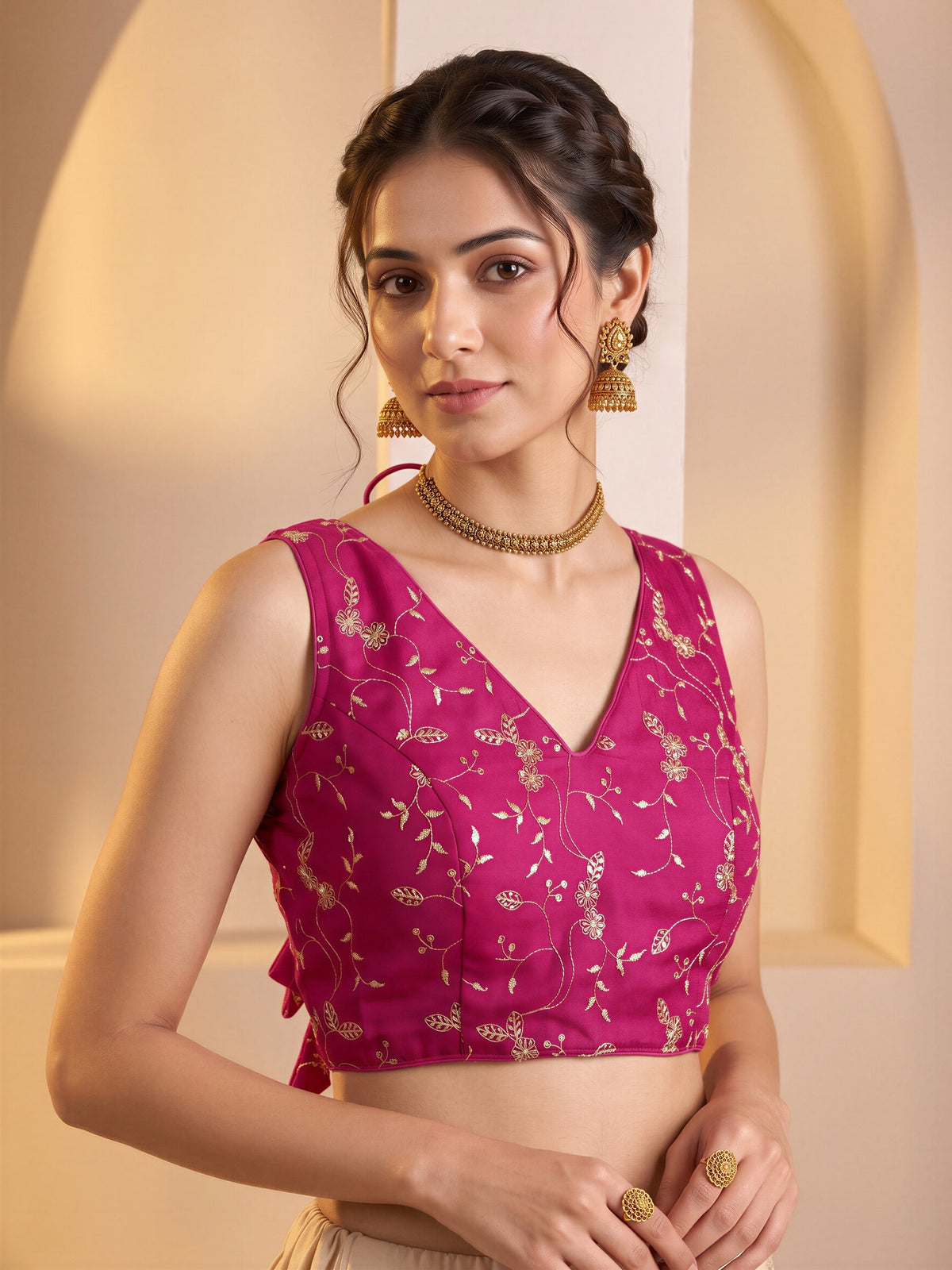 Magenta sequin embroidered vichitra silk sleeveless readymade saree blouse with v neck