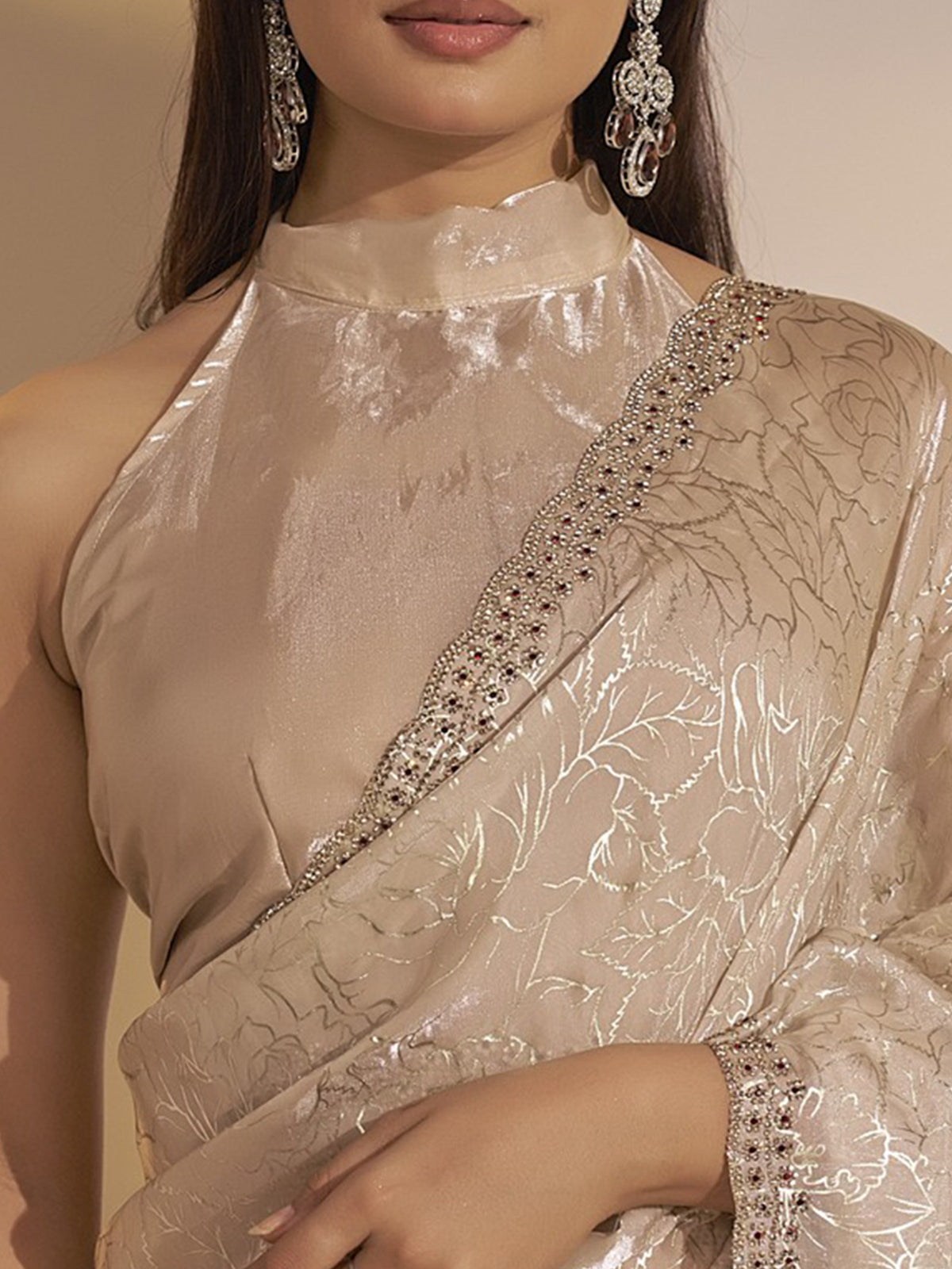 Unstitched beige satin silk blouse piece with foil design