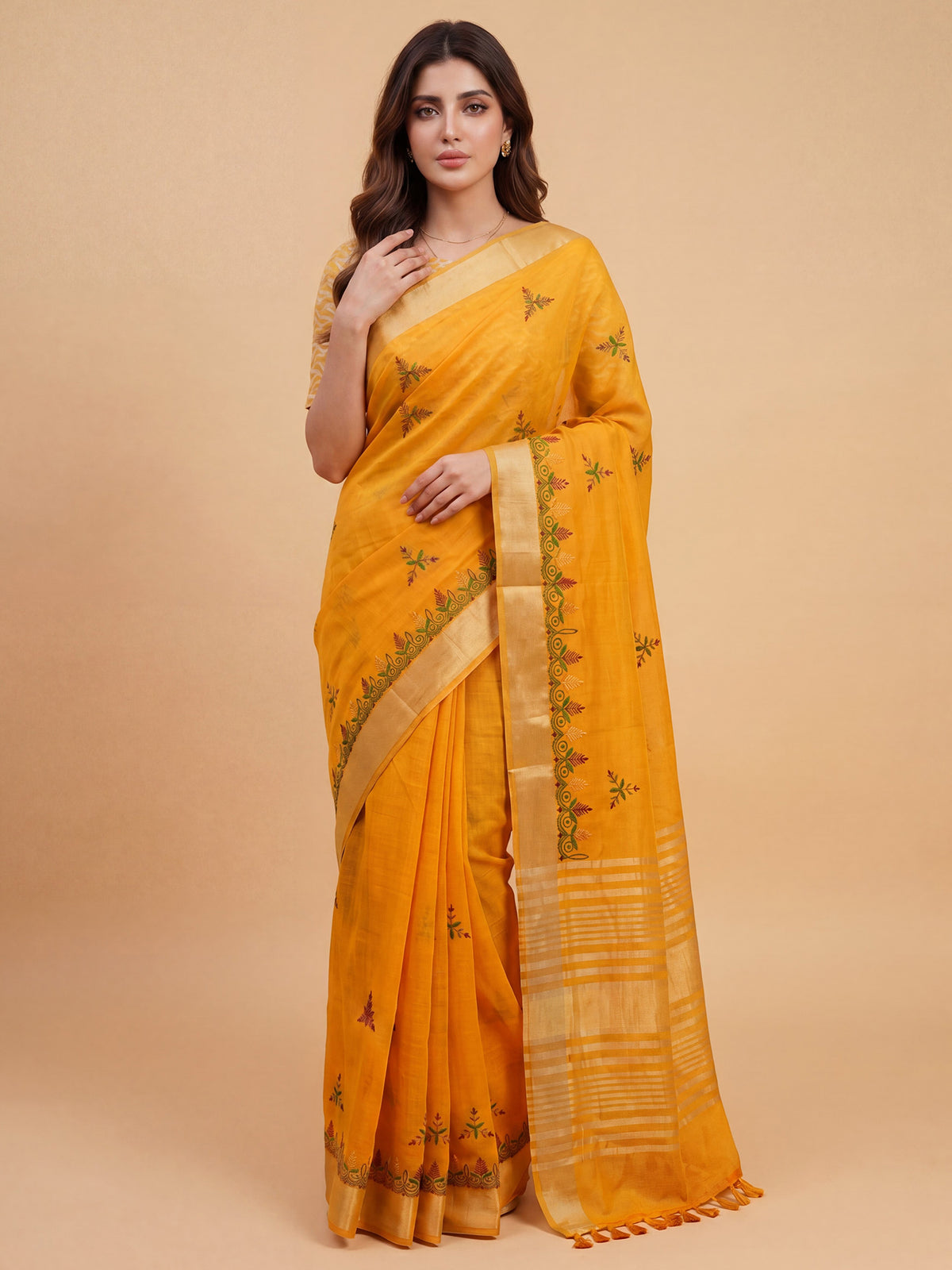 Mustard Cotton Linen saree – detail view 2