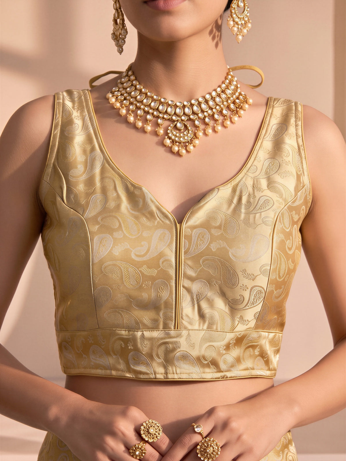 Gold woven brocade silk blend sleeveless readymade saree blouse with v neck view 3