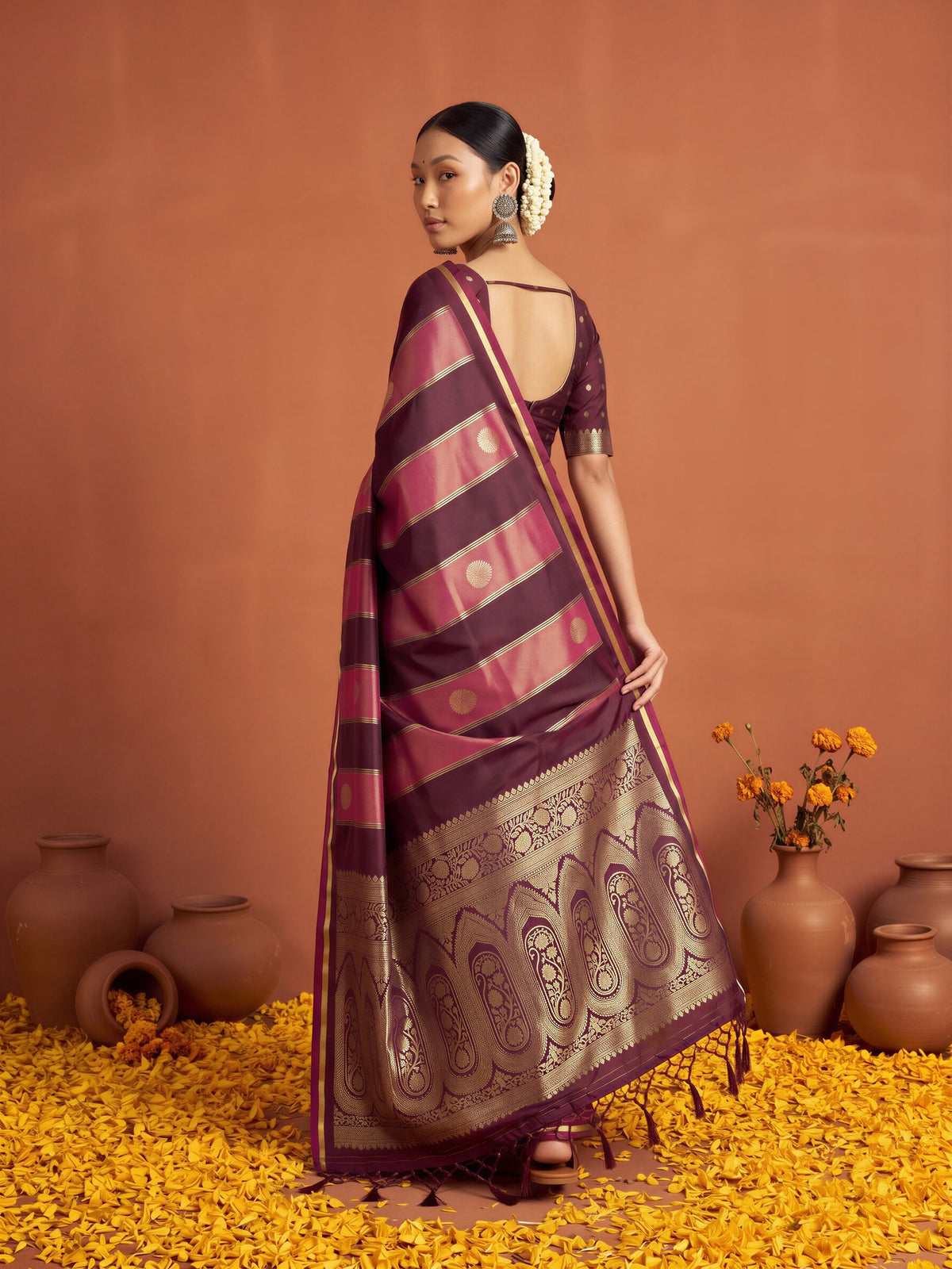 Wine Satin saree – detail view 1