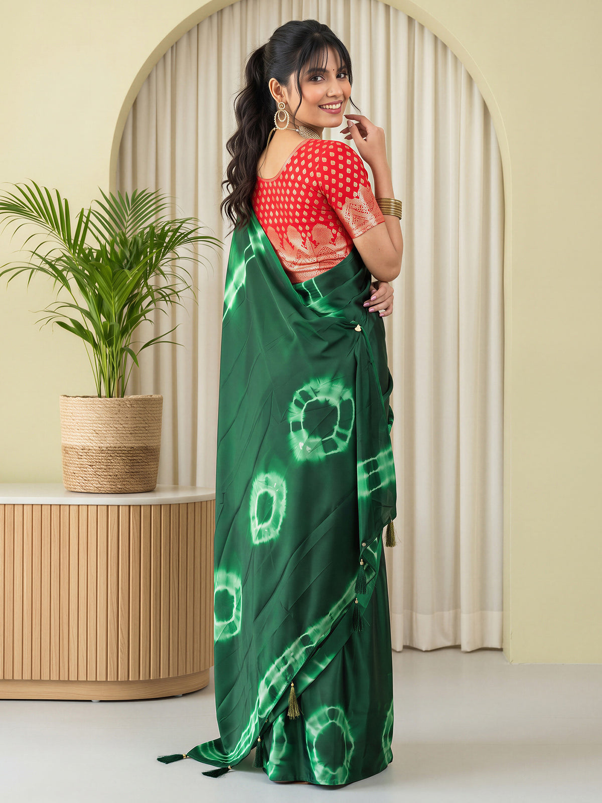 Green Satin Silk saree – detail view 1