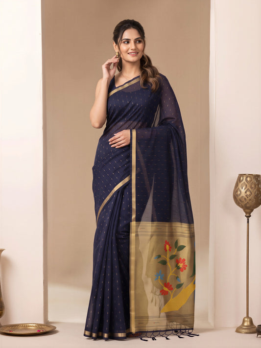 Navy Blue striped silk blend saree with navy blue blouse piece