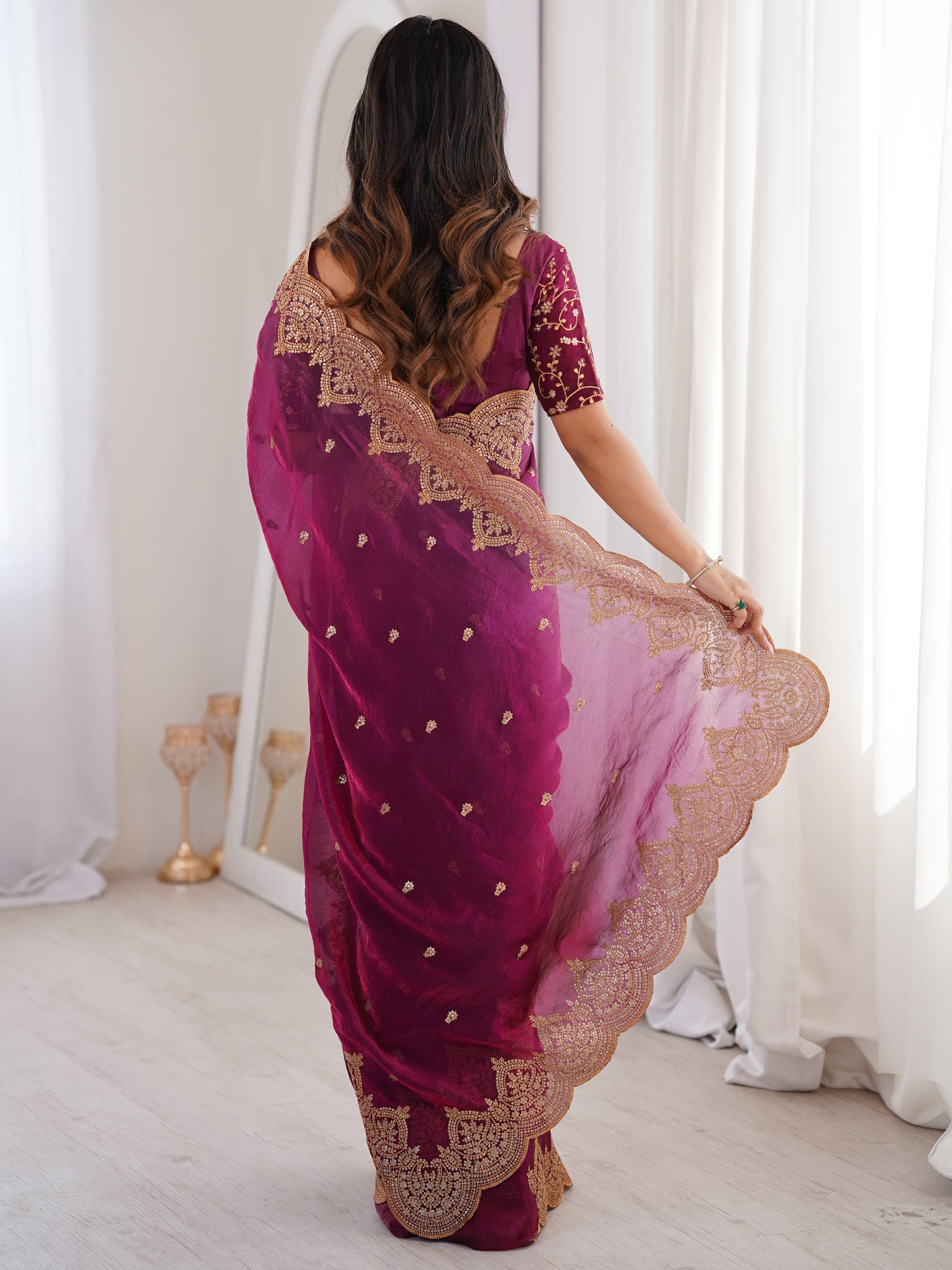 Magenta Satin saree – detail view 1