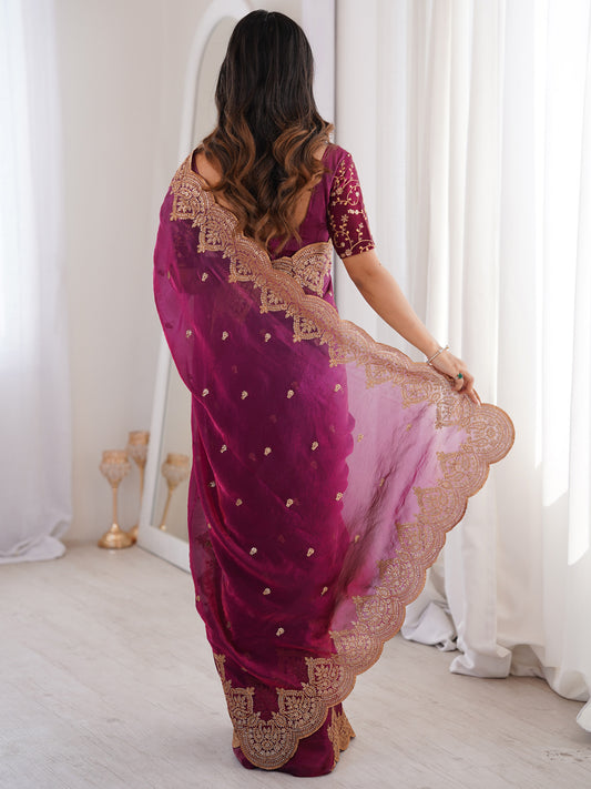 Magenta Satin saree – detail view 1