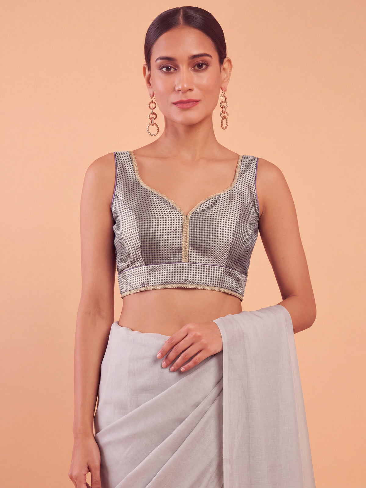 Lavender woven metallic jacquard sleeveless readymade saree blouse with sweetheart neck