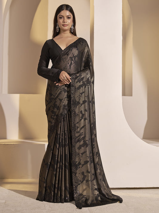 Black foil satin silk saree with black blouse piece