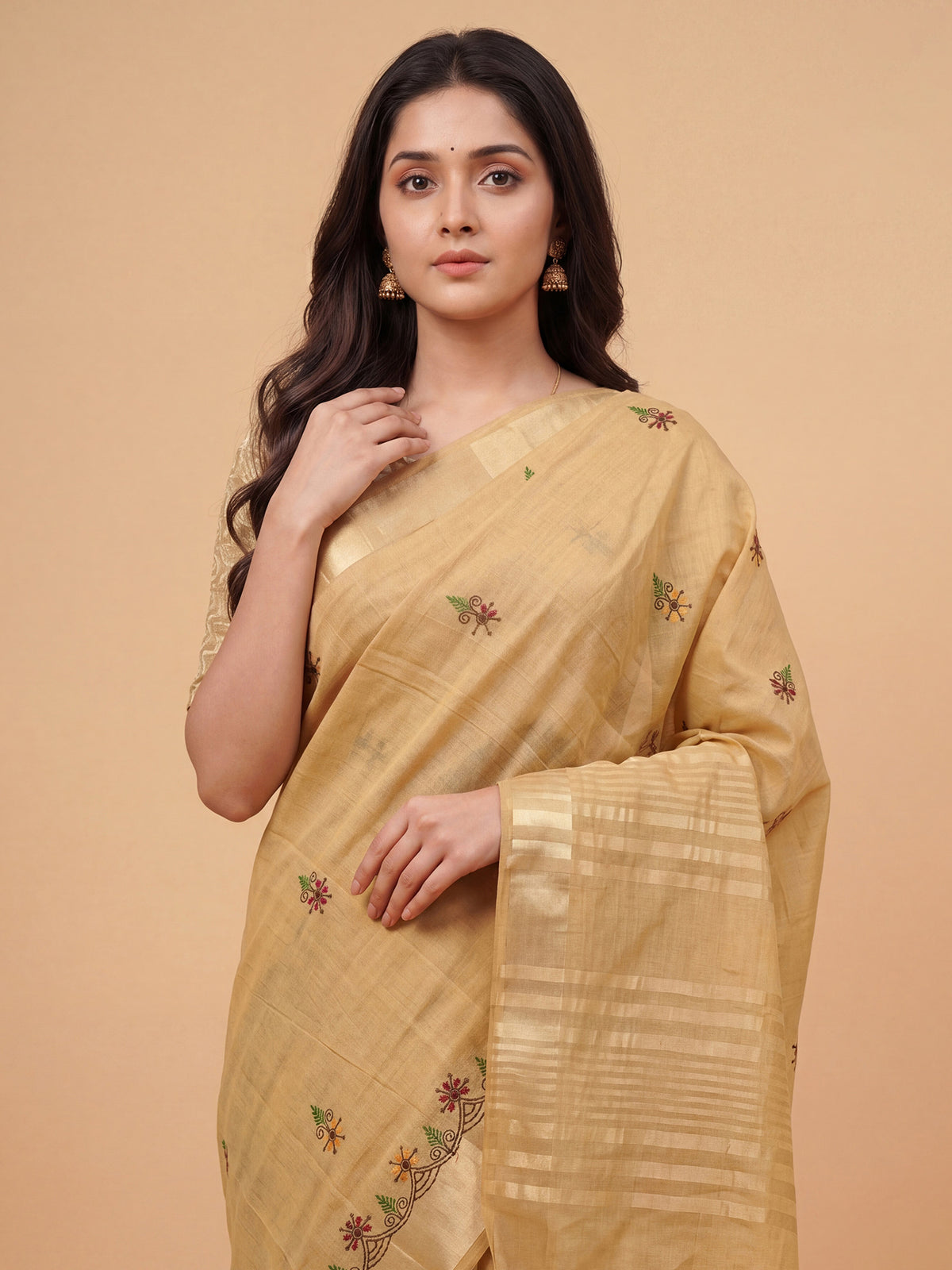 Beige Cotton Linen saree – detail view 4