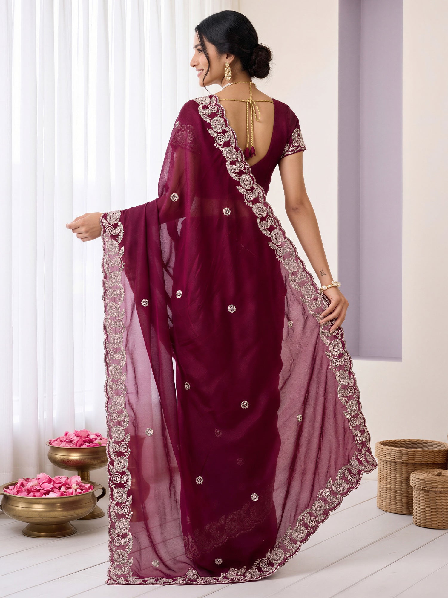 Burgundy Satin saree – detail view 1