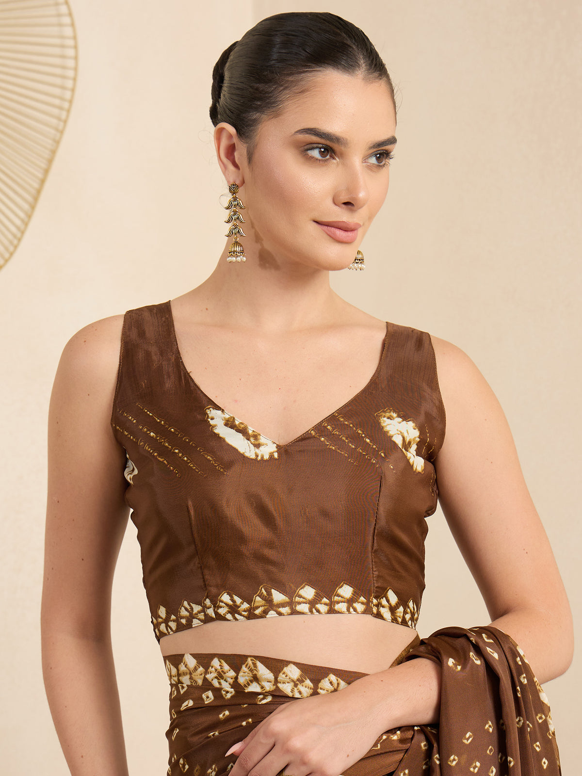 Unstitched brown crepe blouse piece with tie and dye design