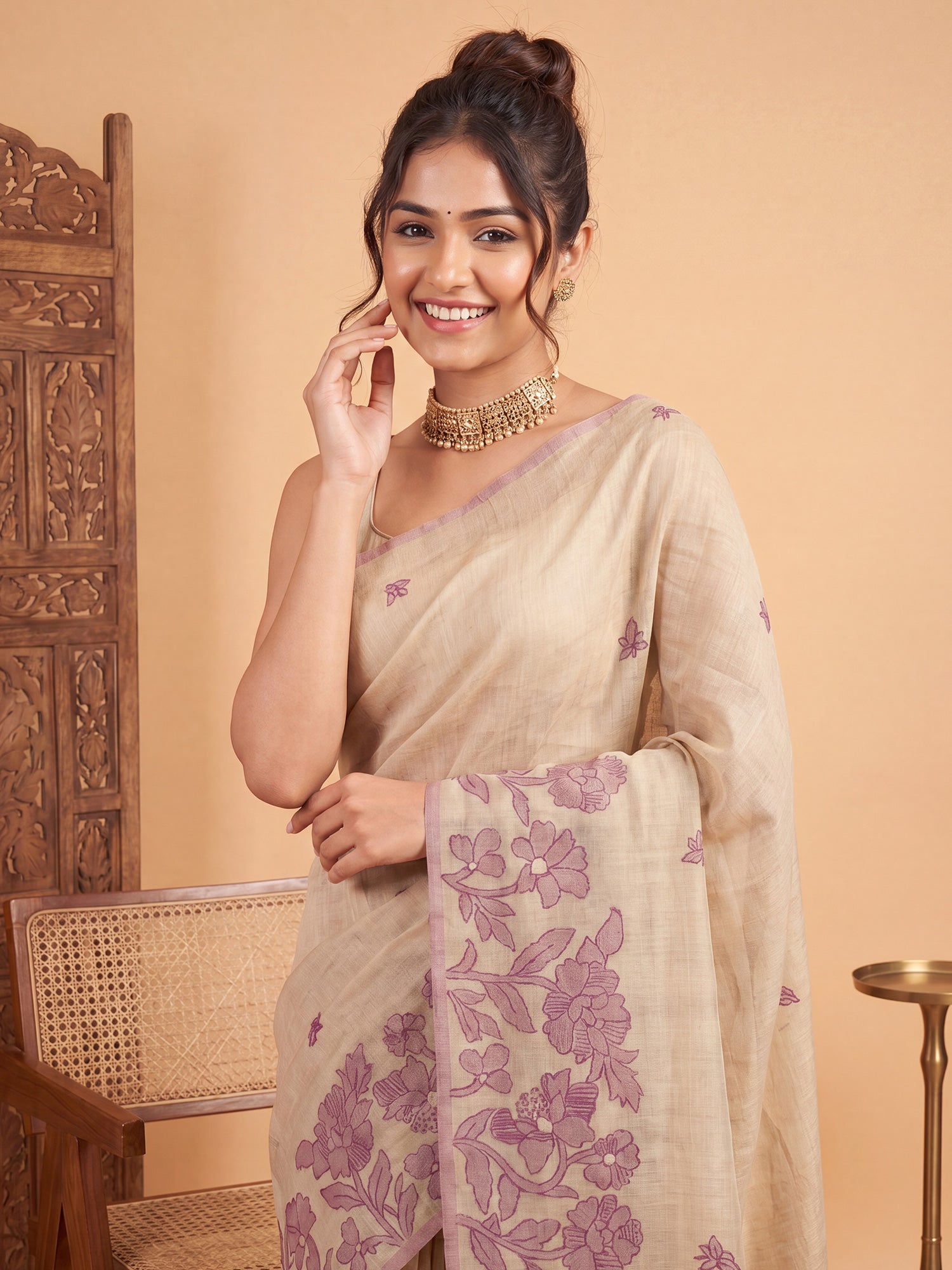 Cream Chanderi Cotton saree – detail view 3