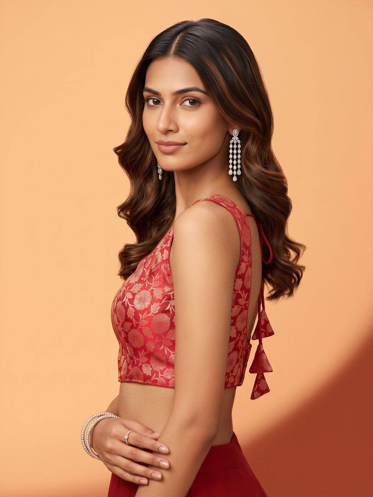 Red woven brocade silk blend sleeveless readymade saree blouse with round neck view 2