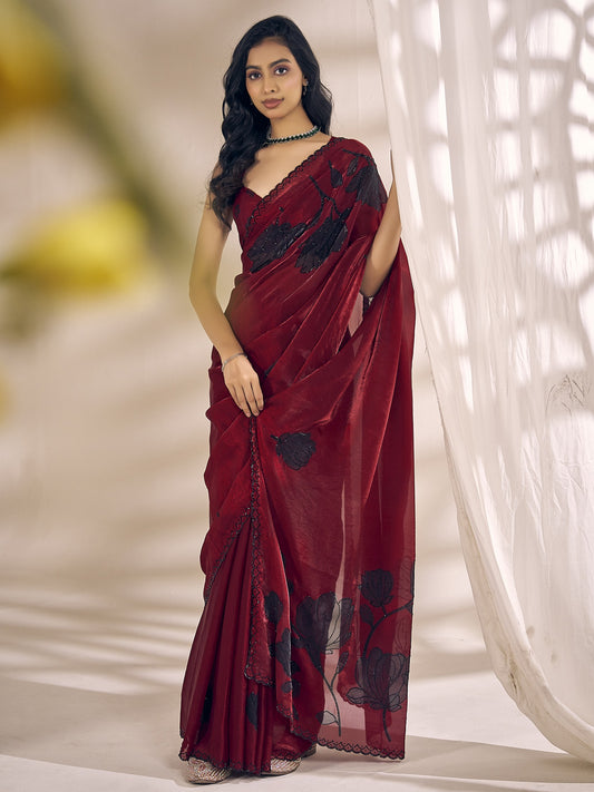 Maroon satin silk saree view 1