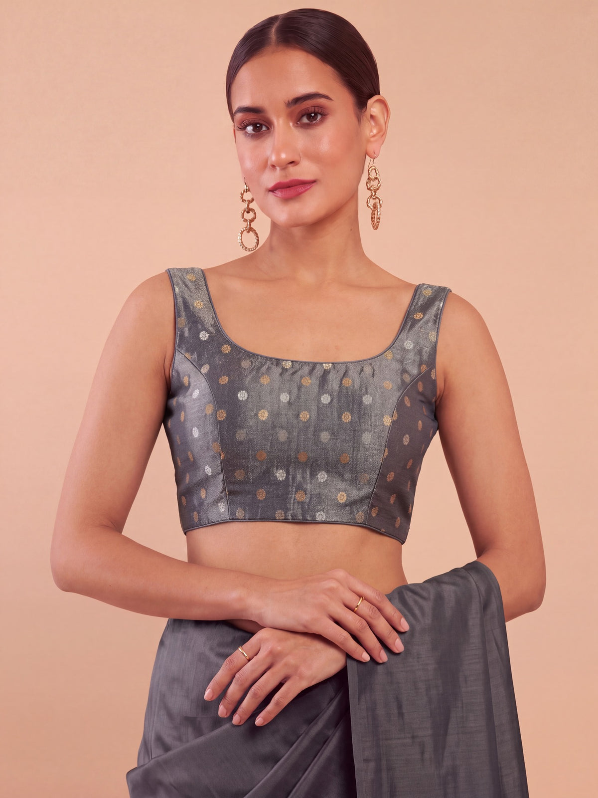 Charcoal Grey zari woven georgette sleeveless readymade saree blouse with round neck