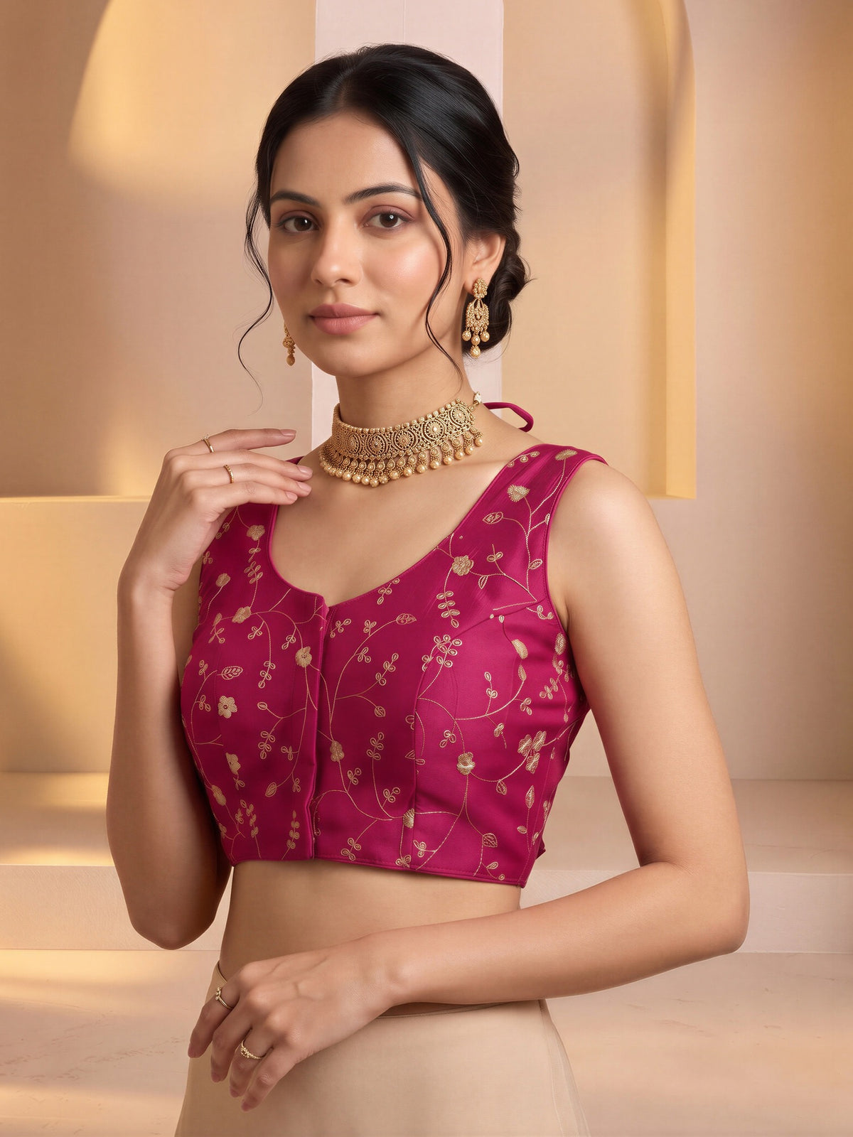 Magenta sequin embroidered vichitra silk sleeveless readymade saree blouse with round neck view 3