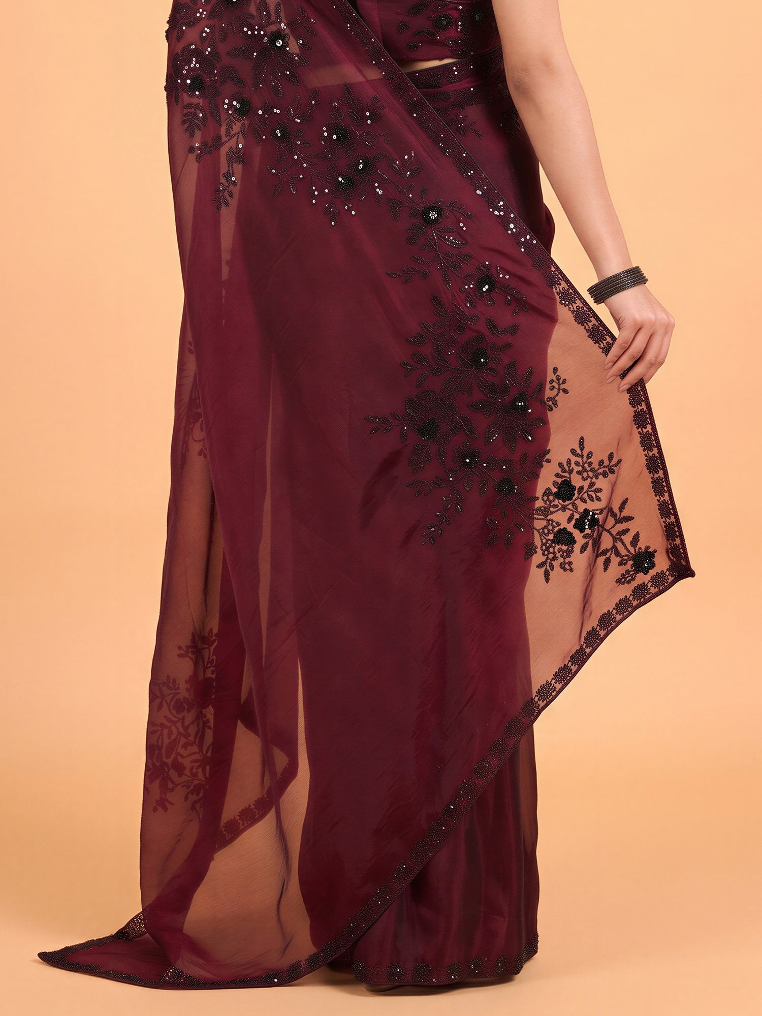 Maroon Satin Silk saree – detail view 5