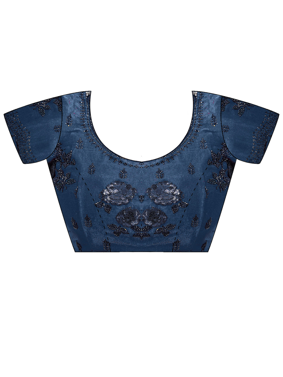 Unstitched teal blue satin silk blouse piece with embellished design