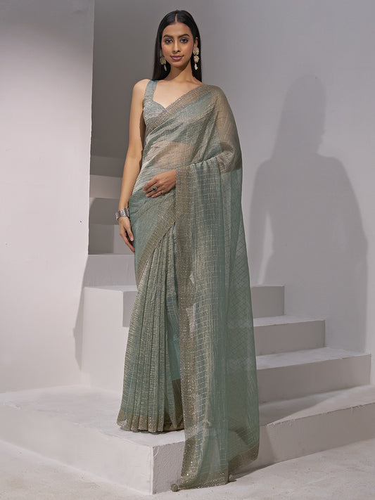 Light Blue striped organza saree with light blue blouse piece