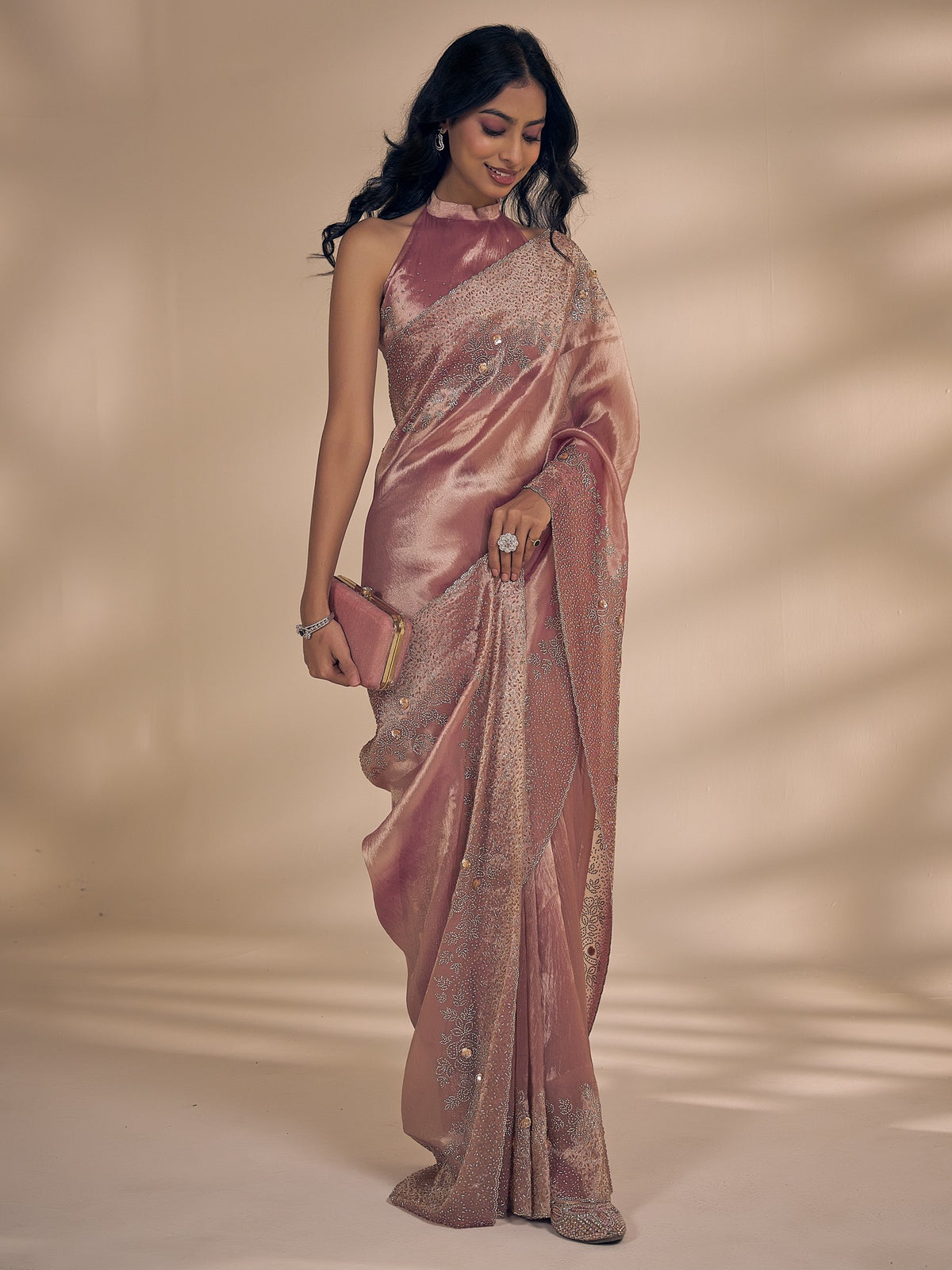 Mauve organza saree view 1