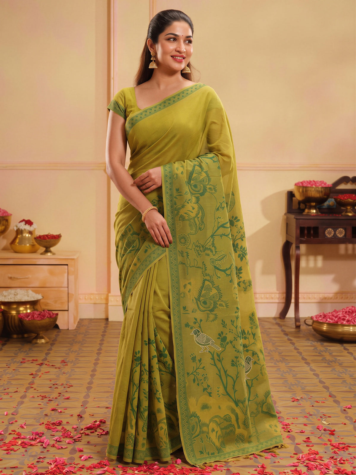 Olive ethnic motif silk blend saree with olive blouse piece