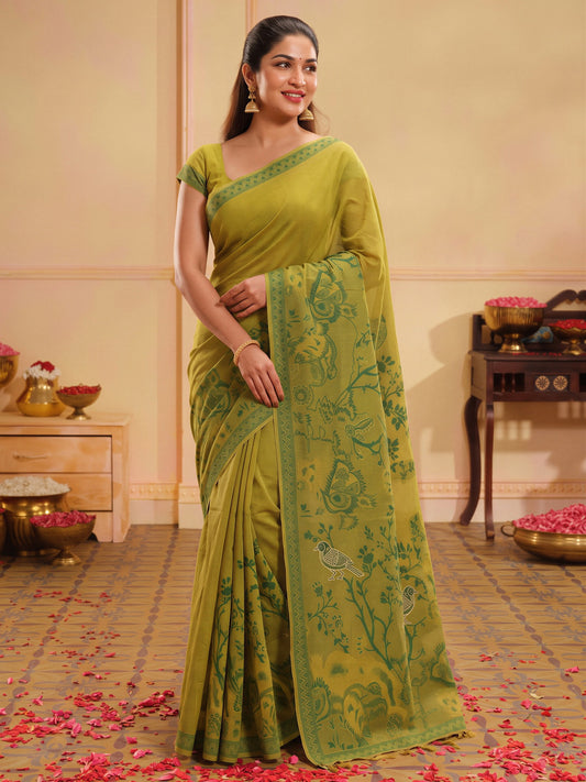 Olive ethnic motif silk blend saree with olive blouse piece