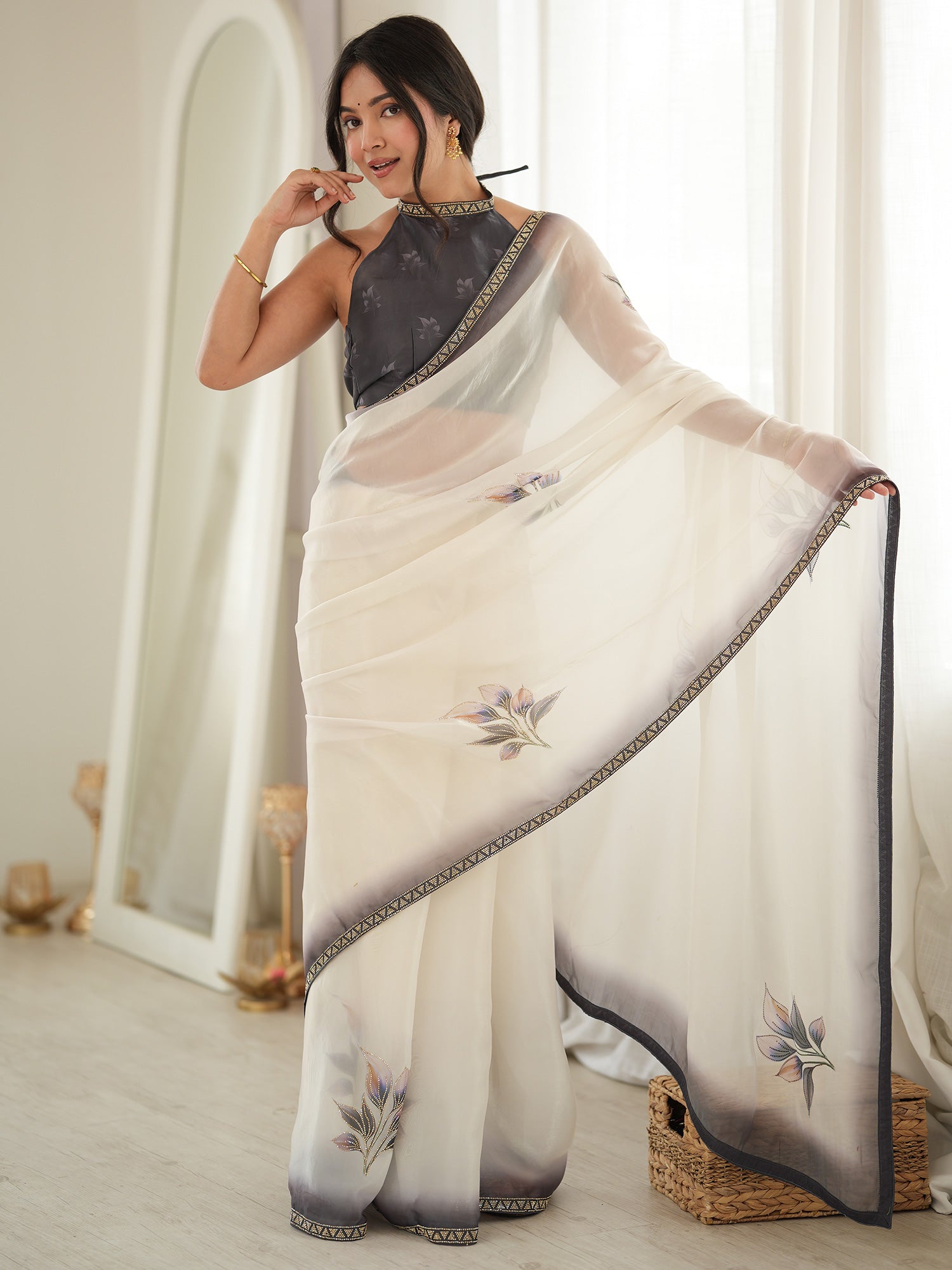 Off White Satin saree – detail view 2