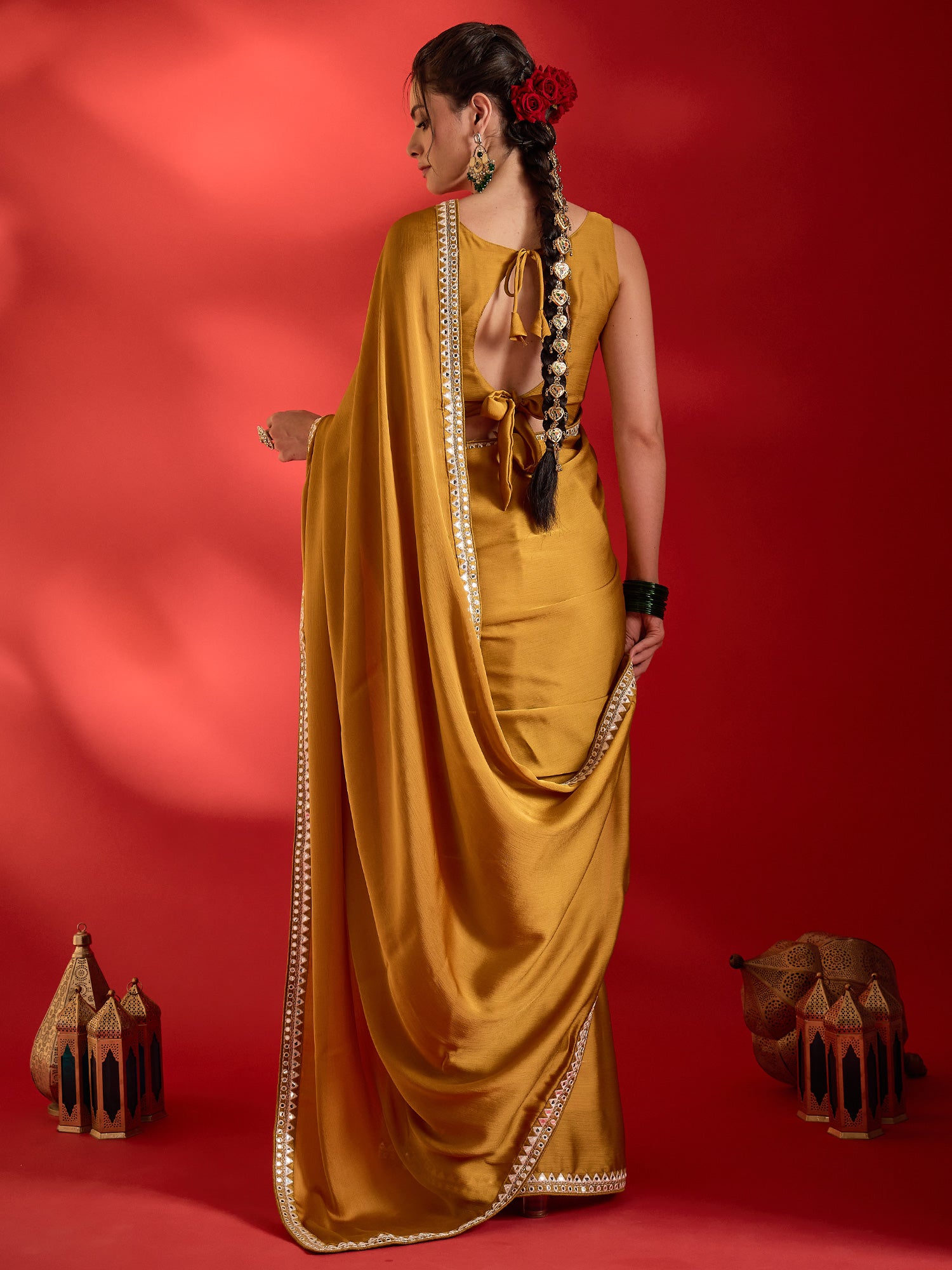 Mustard Satin saree – detail view 1