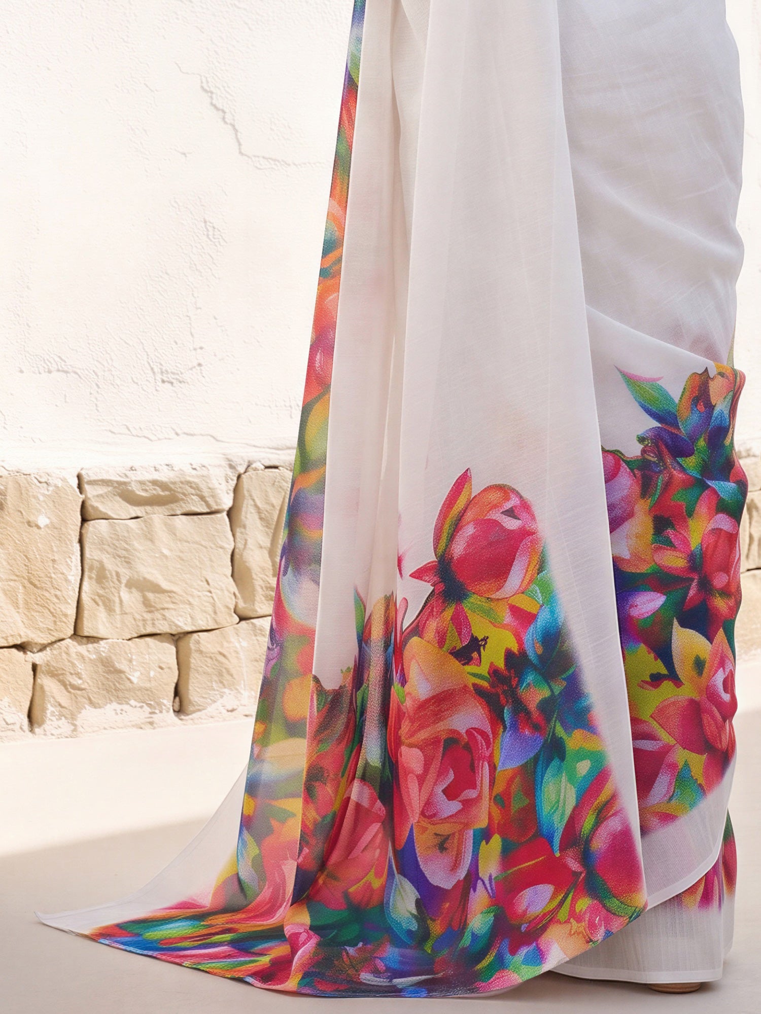 White Cotton Linen saree – detail view 5