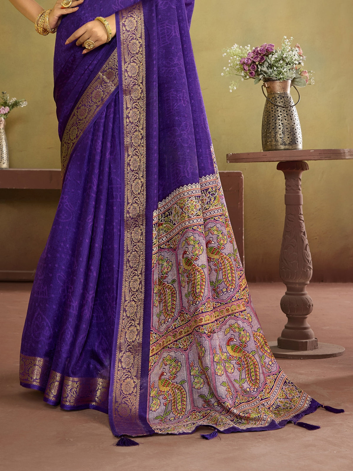 Purple tussar silk saree view 1